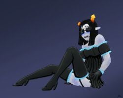 1boy 2010 armwear artist_logo balls ballsack biiguru black_legwear blue_blush blush blush_lines body_blush bottomless_male bottomwear broken_glasses broken_horn clothing cute cute_face cute_male dark_background dress embarrassed embarrassed_expression embarrassed_nude_exposure embarrassed_nude_femboy equius_zahhak flaccid flaccid_penis genitals glasses gloves gray_body grey_skin hair homestuck homestuck_troll horns humanoid humanoid_genitalia humanoid_penis latex latex_clothing laying_down legs legs_apart legs_open legs_spread legwear long_hair lowres maid maid_dress maid_outfit maid_uniform male male_only ms_paint_adventures no_underwear on_ground open_mouth orange_horns penis pointy_ears raised_eyebrows retracted_foreskin sharp_teeth shocked shocked_expression sitting sitting_down sitting_on_floor small_penis solo solo_male sunglasses topwear wearing_glasses