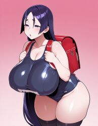 1girls ai_generated backpack breasts curvaceous fate/grand_order fate_(series) female female_only hair huge_breasts large_breasts light-skinned_female long_hair mature_female milf minamoto_no_raikou_(fate/grand_order) mushisaur one_piece_swimsuit pink_background purple_eyes purple_hair randoseru school_swimsuit solo swimsuit thick thick_thighs thighhighs wide_hips