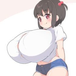 :q arms_behind_back blue_shorts breasts brown_eyes brown_hair bursting_breasts button_gap female gigantic_breasts hair_bobbles hair_ornament original shirogane_hakuba shirt short_hair short_shorts shorts small_but_busty solo tongue tongue_out two_side_up undersized_clothes white_shirt