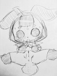 10s 2017 anthro anus black_and_white blush clothed clothing female hi_res lagomorph looking_at_viewer mammal monochrome mostly_nude open_mouth pussy rabbit simple_background solo spread_legs spreading sweat tatwuyan white_background