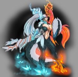 1girls commissioner_upload eruzerion fire gijinka ice kemonomimi leo_uran monster_girl monster_hunter red_hair shield sketch solo solo_female sword sword_and_shield twintails two-tone_hair weapon white_hair yellow_eyes