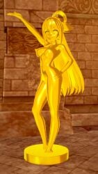 1girl 2024 3d 3d_(artwork) aqua_(konosuba) asfr breasts dungeon_background female_only gold_body hand_on_hip humiliation koikatsu konosuba metal_transformation naked pedestal petrification post-transformation solo statue takazumishan trap trophy