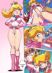 1girls ass ass_grab blonde_hair blue_eyes blush boots breast_grab breasts comic crown cum cum_in_mouth cum_inside dark-skinned_male dark_skin earrings female female_focus from_behind gloves goomba group_sex heart human koopa leotard light-skinned_female light-skinned_male light_skin long_hair male mario_(series) mario_kart medium_breasts multiple_boys multiple_views navel nintendo onomatopoeia open_mouth out_of_frame out_of_frame_male penis phone pink_boots pink_gloves pink_leotard pink_scarf ponytail princess_peach pussy racing_suit scarf shiny_skin shy_guy smile solo_focus speech_bubble tekuho text thigh_grab thighs tongue tongue_out unzipped white_gloves