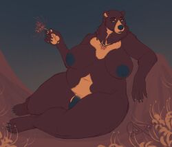 anthro bear big_belly big_breasts breasts brown_body brown_fur flower mammal penis queen queen_(bighorntbeardg) queenbear queenie redpixie