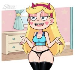 black_clothes black_legwear black_panties black_thighhighs black_underwear blonde_hair blue_eyes blue_shirt blue_tank_top blush blush_stickers breasts cleavage clothing crop_top curtains disney disney_channel disney_princess disney_xd facial_mark fake_horns female fishnets hairband half-closed_eyes headwear horned_headwear horns indoors legwear long_hair medium_breasts midriff navel open_mouth pantsu pillow_shading red_hairband sexy sexy_pose shirt shrugging slender_waist smile solo star_(symbol) star_butterfly star_vs_the_forces_of_evil steca tank_top teeth thelazyart thick thick_legs thick_thighs thighhighs thighs underwear wide_hips window