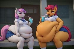 ai_generated cub fat huge_belly milkshakes my_little_pony obese school_uniform scootaloo_(mlp) sweetie_belle_(mlp) thick_thighs