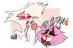 2boys ahe_gao angel_dust_(hazbin_hotel) balls blush chest_tuft cum cum_in_mouth cum_on_tongue cumming cumshot demon ejaculation erect_penis erection gothstoat hazbin_hotel looking_pleasured male male/male male_only naked nude open_mouth penis pink_hair sharp_teeth spider tongue tongue_out vinz vivienne_medrano white_fur yaoi