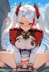 1boy ai_generated antenna_hair azur_lane belliora big_ass big_breasts blush breasts closed_mouth female female_on_cloth female_on_top hair_between_eyes large_breasts long_hair looking_at_viewer navel nipples outdoors penis penis_in_pussy prinz_eugen_(azur_lane) prinz_eugen_(unfading_smile)_(azur_lane) ribbon smiling solo stomach streaked_hair wet white_hair