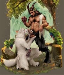 abs anthro balls canid canine canis erect_penis erection foreskin forest gay grapes hooves horns knot knotted_humanoid_penis male male/male male_only nude oral_sex pecs penis rumz satyr white_fur wolf