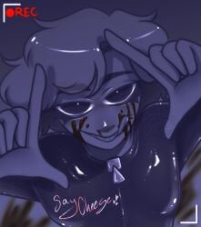 blood_on_face blood_splatter creepy creepy_smile dandyrebellion dilated_pupils elinoir finger_picture_frame flirty_eyes gender_is_no genderless idk_what_to_tag latex latex_clothing latex_suit licking_blood non-sexual non-sexual_latex nonbeany nonbinary oc original_character recording straight_up_mischief taunting