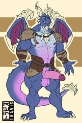 2018 abs anthro armor balls belt biceps big_muscles big_penis blue_scales bubba_(spyro) claws clothed clothing dragon eltravis erection featureless_crotch horn humanoid_penis male male_only muscular navel one_eye_closed partially_clothed pecs penis presenting scales simple_background smile solo spyro_reignited_trilogy spyro_the_dragon standing thick_tail video_games wings wink yellow_eyes