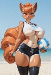 1girls ai ai_generated anthro beach beach_background big_breasts black_legwear blush breasts brown_eyes brown_fur brown_hair brown_tail clothed clothing day daytime female fox fox_ears fox_girl frosting.ai fur generation_1_pokemon holding_ball holding_object legwear looking_at_viewer multi_tail nintendo non-nude pointy_ears pokemon pokemon_(species) sand sea shirt shorts smiling solo standing tail thick_thighs thighs tummy underboob volleyball volleyball_(ball) volleyball_shorts volleyball_uniform vulpix