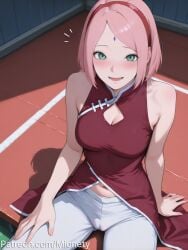:d ai_generated alternate_breast_size arm_support aroused_face aroused_female artist_name bare_arms bare_shoulders blush boruto:_naruto_next_generations breasts cameltoe chinese_clothes cleavage cleavage_cutout clothing_cutout dress facial_mark female flying_sweatdrops forehead forehead_mark forehead_protector from_above green_eyes hairband hand_on_own_thigh indoors large_breasts looking_at_viewer medium_breasts midriff mionety naruto naruto_(series) navel nose_blush notice_lines open_mouth pants parted_bangs patreon_username pink_hair red_dress red_hairband sakura_haruno shadow shirt short_hair sitting sleeveless sleeveless_dress sleeveless_shirt slim_waist smile solo sweat sweatdrop table tight_pants tits tits_out twitter_logo twitter_username watermark web_address white_pants