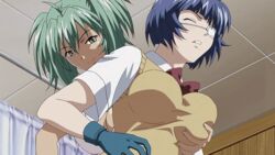 animated animated_gif blue_hair breast_grab breasts cleavage examination eyepatch gloves green_hair ikkitousen nurse panties ryofu_housen ryomou_shimei screencap screenshot skirt skirt_lift underwear uniform