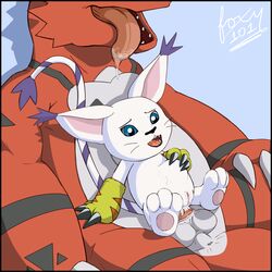 anal cum cum_in_ass cum_inside digimon dragon feline female foxy101 gatomon guilmon lizard male mammal on_lap reptile scalie sitting_on_lap size_difference size_play stomach_bulge straight