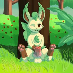 1:1 3_toes absurd_res eeveelution feet feral forest forest_background generation_4_pokemon hi_res knot leafeon lewdkitten069 male nature nature_background nintendo paws plant pokemon pokemon_(species) solo toes tree