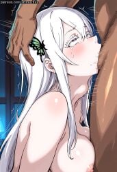 1boy ai_generated anime artmochiia bangs big_breasts blush breasts curvaceous curvaceous_female curvaceous_figure curvy curvy_figure dark-skinned_male dark_skin deepthroat echidna_(re:zero) fanart fellatio female female_focus hair_ornament interracial irrumatio large_breasts long_hair motion_lines muscular muscular_male nipples nude nude_male oral penis purple_eyes re:zero_kara_hajimeru_isekai_seikatsu rough_sex sex silver_hair solo_focus straight tears trembling uncensored voluptuous voluptuous_female white_hair