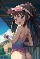 1girl ai_generated akemi_homura ass back_view black_hair butt cap dark_hair leotard long_hair long_ponytail magical_girl mahou_shoujo_madoka_magica one-piece_swimsuit outdoors ponytail puella_magi_madoka_magica purple_eyes ribbon shiny_ass shiny_skin straight_hair visor visor_cap wristband wristwear
