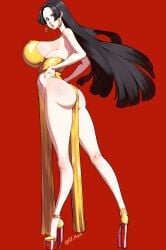 47_hard artist_name ass black_hair blue_eyes boa_hancock clothing curvaceous curvy double_slit_dress dress earrings female female_only gold_dress high_heels huge_breasts nipples_visible_through_clothing one_piece platform_heels skimpy_clothes