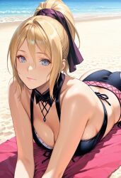 1girls ai_generated beach bikini black_bikini blonde_female blonde_hair blue_eyes castlevania castlevania:_curse_of_darkness female julia_laforeze lying lying_on_stomach parted_bangs ponytail