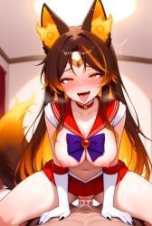 1boy 1girls ahegao_face ai_generated bedroom blush bow breasts brown_hair choker cosplay cowgirl_position cum_in_pussy eyes_rolling_back gloves heart hellhound in_bed large_breasts legs_spread long_gloves long_hair microskirt multicolored_hair multicolored_tail naked naked_male nipples nude nude_male orange_eyes orange_hair partially_clothed penis_in_pussy pov purple_bow red_choker red_skirt sailor_collar sailor_mars_(cosplay) sailor_senshi_uniform sex sinder_(vtuber) skirt smile tiara tongue tongue_out topless vaginal_penetration virtual_youtuber vtuber white_gloves wolf_ears wolf_girl wolf_tail