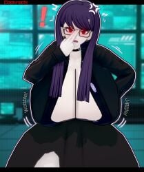 1girls 3d 3d_(artwork) adjusting_glasses angry annoyed annoyed_expression bending_forward black_clothing breasts button_gap cleavage clothed cockrochi dress exposed_breasts female female_focus female_only glasses hand_on_hip hiruko_shizuhara hud huge_breasts leaning leaning_forward looking_at_viewer massive_breasts movement_lines onomatopoeia pale-skinned_female pale_skin pov purple_hair red_eyes shizuhara_hiruko solo solo_female solo_focus the_hundred_line_-last_defense_academy- unbuttoned unbuttoned_shirt