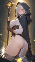 1girls ai_generated ass blush corset embarrassed embarrassed_female female from_side gloves hair_over_one_eye hood large_breasts loincloth partially_submerged pelvic_curtain silver_hair sorceress staff wet wet_body wet_clothes yellow_eyes