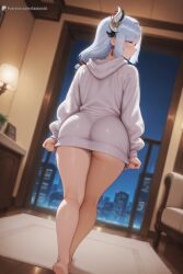 ai_generated back_view bare_legs big_ass big_breasts braided_hair genshin_impact hoodie_only looking_at_viewer multicolored_eyes pulling_own_clothes shenhe_(genshin_impact) stoker_ai walking white_eyes white_hair