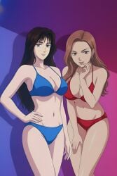 2girls ai_generated ass bare_arms bare_shoulders bikini black_eyes black_hair blue_bikini breasts brown_hair cleavage closed_mouth collarbone curvy female front-tie_top groin initial_d legs light_smile lips lipstick long_hair looking_at_another looking_at_viewer makeup medium_breasts midriff nail_polish navel necklace red_bikini satou_mako sayuki sayuki_(initial_d) siblings simple_background sisters standing stomach swimsuit wavy_hair wide_hips yuri