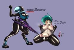 3_fingers alien anthro beam_rifle blue_eyes bulge clothed clothing clothing_pull digitigrade energy_weapon english_text fingers fully_clothed futanari genitals green_hair gynomorph hair half-erect halo_(series) hi_res holding_object holding_ranged_weapon holding_weapon humanoid_genitalia humanoid_penis iados ibie'shan intersex kig-yar kneeling latex latex_clothing latex_skinsuit microsoft nipples open_bodysuit partially_clothed penis pupils ranged_weapon sangheili scalie short_tail skinsuit slit_pupils smile solo solo_focus standing tail text tight_clothing vein veiny_penis weapon xbox_game_studios