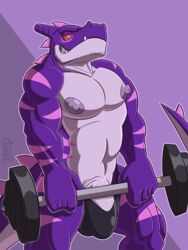 2018 ahnik barbell clothed clothing dragon exercise facial_hair grin horn male male_only muscular nipples penis purple_scales red_sclera scales scalie signature smile solo stubble topless underwear watermark weightlifting weights white_eyes workout