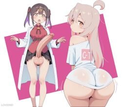 1futa 1girls abstract_background ahoge ai_generated ass ass_focus balls belt big_ass big_balls big_breasts big_penis blush breasts brown_eyes brown_hair colored_inner_hair drooling erect_penis erection female futa_on_female futanari glowing_eyes hair_between_eyes hair_ornament hi_res highres huge_ass huge_cock labcoat large_ass large_penis light-skinned_female light-skinned_futa light_skin long_hair long_penis lowiwer multicolored_hair onii-chan_wa_oshimai! open_mouth oyama_mahiro oyama_mihari penis pleated_skirt shy skirt skirt_lift standing star_shaped_pupils t-shirt t-shirt_only testicles twintails