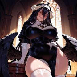 ahoge ai_generated albedo_(overlord) balecxi black_hair black_wings blush covered_navel covered_nipples demon_girl demon_horns dress feathered_wings female hair_between_eyes indoors large_breasts long_hair long_sleeves looking_at_viewer low_wings nun overlord_(maruyama) patreon_username slit_pupils smile solo thick_thighs white_gloves white_horns white_thighhighs yellow_eyes