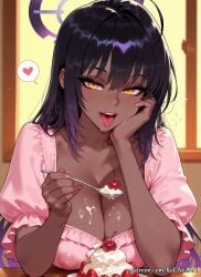 1girls 2025 ai_generated bangs black_hair blue_archive blush breast_rest breasts cherry cleavage collarbone covered_nipples crossover dark-skinned_female dark_skin eye_contact female female_focus female_only flushed food fruit gradient_hair hair_between_eyes halo hand_on_own_face heart hi_res highres holding holding_spoon huge_breasts indoors inside karin_(blue_archive) large_breasts long_hair looking_at_viewer moaning multicolored_hair open_mouth patreon patreon_username pink_dress pink_nails puffy_short_sleeves puffy_sleeves purple_hair rognezart saliva short_sleeves solo spoken_heart spoon strawberry teeth tongue tongue_out upper_body very_long_hair yellow_eyes