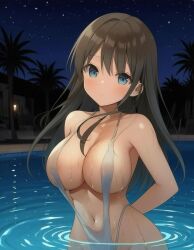 ai_assisted ai_generated areolae arms_behind_back bare_shoulders black_hair blue_eyes blush breasts cleavage collarbone dull_eyes highres large_breasts long_hair looking_at_viewer midriff navel night nipples see-through slingshot_swimsuit sweat swimming_pool thighs third-party_edit weri
