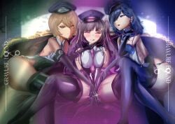 3girls ayase_yuu black_hair blue_eyes blue_hair brown_eyes brown_hair cap clio_aite female female_only finest_rakuyo_(finest_regalia) hat himemiya_rie licking_lips light-skinned_female light_skin looking_at_viewer phase_alias phase_connect phase_invaders_quest phase_kaleido pink_eyes police_hat policewoman seductive sexy tempting trio twintails virtual_youtuber