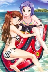 00s 2girls absurd_res amamiya_momona ass bare_legs bare_shoulders barefoot bikini blue_eyes blue_hair blue_sky bow breasts brown_hair butt_crack day feet green_eyes hair_ornament hairbow hairclip happoubi_jin highres jet_ski koromogae_maya long_hair looking_at_viewer looking_back medium_breasts multicolored_bikini multicolored_stripes multiple_girls navel partially_submerged pillow_shading polka_dot polka_dot_bikini polka_dot_swimsuit resort_boin riding scan shiny_skin short_hair side-tie_bikini_bottom sideboob sky small_breasts smile soaking_feet striped_bikini striped_clothes swimsuit two_side_up water watercraft