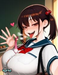 1girls ai_generated bag bangs blue_sailor_collar blush bow bowtie breast_pocket breasts brown_eyes brown_hair button_gap chalkboard classroom condom cum cum_on_body cum_string hair_bobbles hair_ornament half-closed_eyes heart holding huge_breasts indoors large_breasts looking_at_viewer naughty_face open_mouth original pengu997 pocket red_bow red_bowtie sailor_collar saliva school_bag school_uniform serafuku shirt short_sleeves smile solo teeth tongue tongue_out twintails upper_body used_condom white_shirt