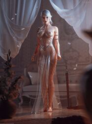 3d breasts cd_projekt_red ciri dress feet female freckles green_eyes light-skinned_female light_skin looking_at_viewer lushe3d mascara necklace nipples nipples_visible_through_clothing no_bra no_panties piercing pubic_hair pussy scar solo solo_female sword the_witcher_(series) the_witcher_3:_wild_hunt transparent_clothing white_hair