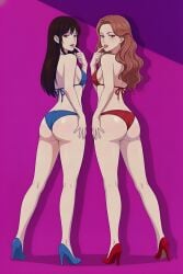 2girls ai_generated ass bare_arms bare_shoulders bikini black_eyes black_hair blue_bikini breasts brown_hair cleavage closed_mouth collarbone curvy female front-tie_top groin initial_d legs light_smile lips lipstick long_hair looking_at_another looking_at_viewer makeup medium_breasts midriff nail_polish navel necklace red_bikini satou_mako sayuki sayuki_(initial_d) siblings simple_background sisters standing stomach swimsuit wavy_hair wide_hips yuri