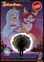 1boy 2girls aged_down big_breasts blue_eyes blue_hair blush breasts clothing comic_cover croc_(artist) crown demon_girl disney disney_channel disney_xd eyeless_male female hekapoo long_hair looking_at_viewer male marco_diaz moon_butterfly portal red_eyes red_hair revealing_clothes sharp_teeth smile star_vs_the_forces_of_evil vercomicsporno white_skin yellow_sclera