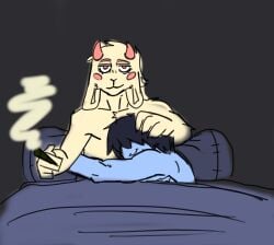 conqueeflord deltarune undertale_(series) kris_(deltarune) ralsei bovid caprine darkner goat mammal human anthro on_bed after_sex hugging hugging_another male male/male