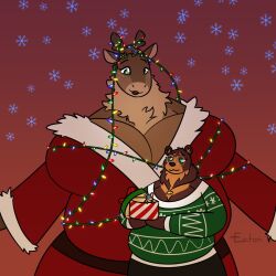 anthro bear belly big_belly big_breasts breasts brown_body brown_fur caribou coat eaton_mouse lights mammal queen_(bighorntbeardg) queenie reindeer sweater yulia_(bighorntbeardg)
