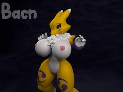 2018 3d animated anthro areola bacn big_breasts biped black_sclera blue_eyes breast_expansion breasts canine claws clothing digimon female fur huge_breasts inflation mammal nipples nude renamon renamon_(bacn) simple_background solo standing surprise thick_thighs tuft white_fur