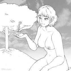 1boy 1girls breasts giant giantess greyscale highres hollewdz medium_breasts monochrome nipples nude original short_sleeves size_difference smile thick_eyebrows tree