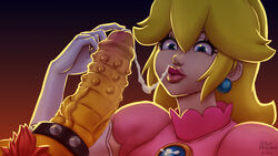 1boy 1girls after_oral alshishou blue_eyes bowser breasts bumpy_penis clothed_female_nude_male clothing cock_ring cum cum_on_tongue cum_string dress earrings elbow_gloves eyelashes female gloves huge_cock human interspecies large_penis long_hair looking_at_penis male mario_(series) nintendo oral orange_background penis princess_peach pubic_hair scalie simple_background straight text unseen_male_face vein veiny_penis watermark yellow_skin