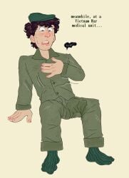 1boy amber_eyes american_sign_language asking_for_help beret big_penis concerned concerned_look damp dark_hair digital_drawing_(artwork) digital_media_(artwork) embarassed_clothed_male embarassed_male embarassing_erection english english_dialogue english_text erection green_beret half_romani hard_cock hard_on hard_penis hardon helpless helpless_male hospital injured injury innocent innocent_expression leaking_precum left_handed male male_focus male_only medical_condition medical_emergency medical_unit mr_shrink mute mute_male needy needy_male original original_character painful_erection priapism prolonged_erection sign_language soldier soldier_uniform solo_male tan_skin treatment unhappy unwanted_erection vietnam wait_your_turn waiting waiting_for_treatment waiting_for_turn wanting_help war wet wet_clothes wrong_hand young_man