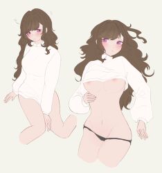1girls belly belly_button blush breasts brown_hair d4dj exposed_breasts long_hair mizushima_marika mocam4id motion_lines no_bra panties partially_clothed partially_clothed_female purple_eyes thighs underboob