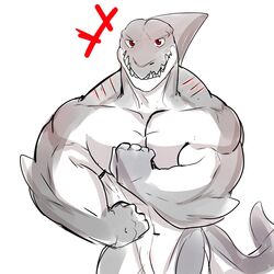 abs animal_genitalia anthro biceps big_muscles chowchou fin fish flexing genital_slit gills grin half_portrait head_fin looking_at_viewer male male_only marine muscular muscular_male nude pecs red_eyes shark shark_tail simple_background slit smile solo standing teeth white_background