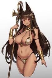 1girls :3 animal_ears anubis_(houtengeki) arm_at_side armlet bikini bracer breasts brown_hair choker cleavage cleft_of_venus collar egyptian female female_only front_view gradient gradient_background hair_between_eyes hair_ornament hand_up highres houtengeki large_breasts long_hair looking_at_viewer micro_bikini micro_bikini_top micro_panties navel original red_eyes scepter sidelocks simple_background smile solo staff standing string_bikini swimsuit very_long_hair